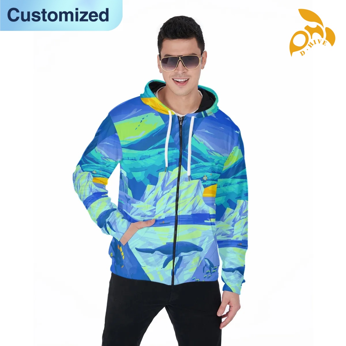 free shipping designer of customized Wear-resistant Full-body printed zipper hoodie with pockets with exquisite patterns from US