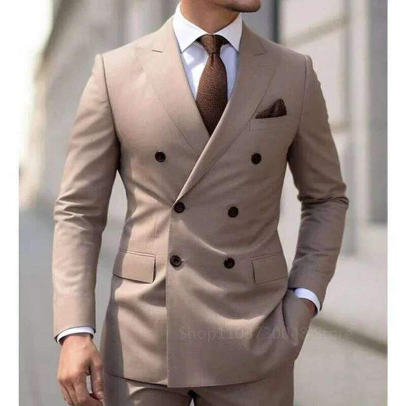 Solid 2 Pieces Men Set Fashion New Men's Formal Business/Wedding Groom Suits Peak Lapel Double Breasted Blazer Trousers