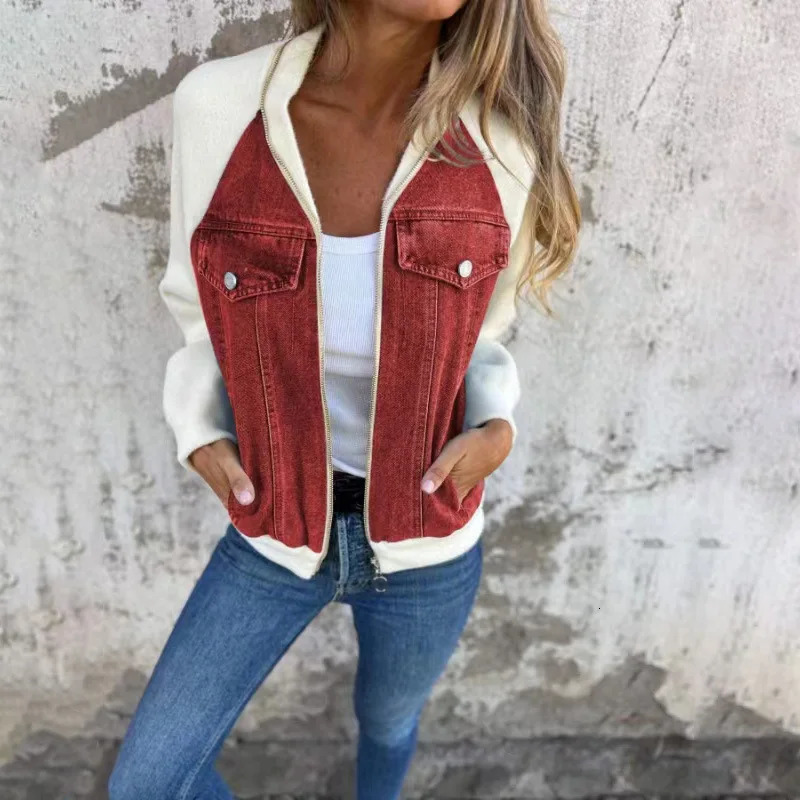 Fashion Patchwork Style Handsome Stand Collar Jackets Female Zipper Wild Slim Denim Coats Tops Autumn Winter Outerwear 250715
