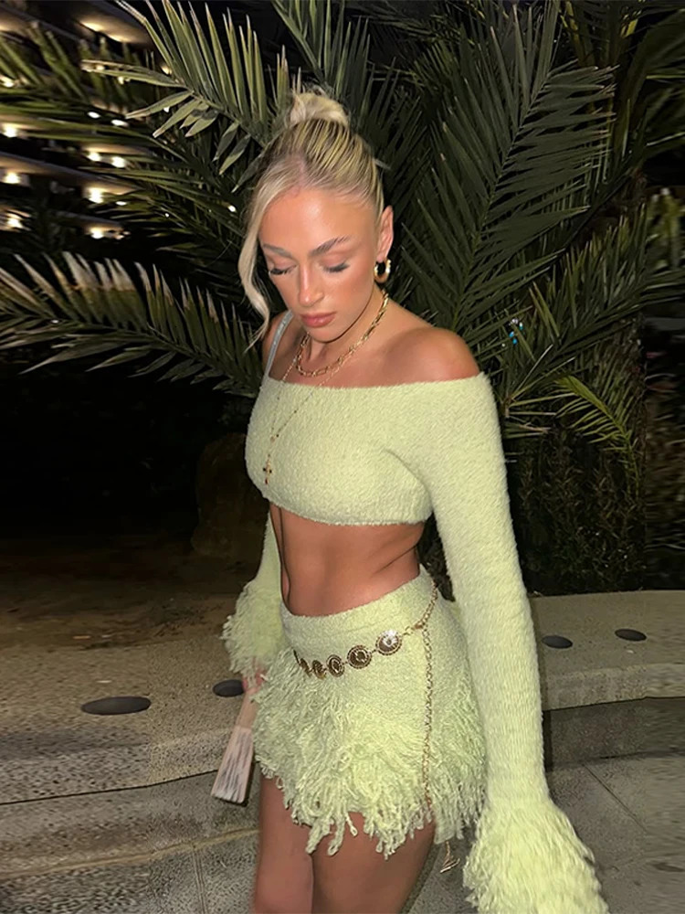 Elegant Tassel Knitted Skirt Set Women Off Shoulder Long Sleeve Crop Top Hip Package Mini Skirts Suit Summer Beach Lady Outfits 250715