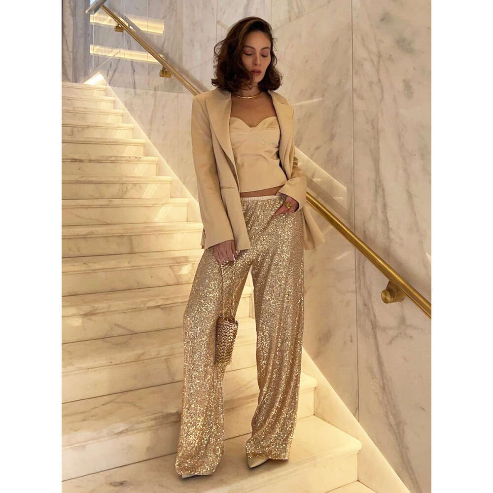Autumn Winter New Ins Y2k Trend American Style Pearlescent Sequin Straight Leg Floor-Length Pants B5