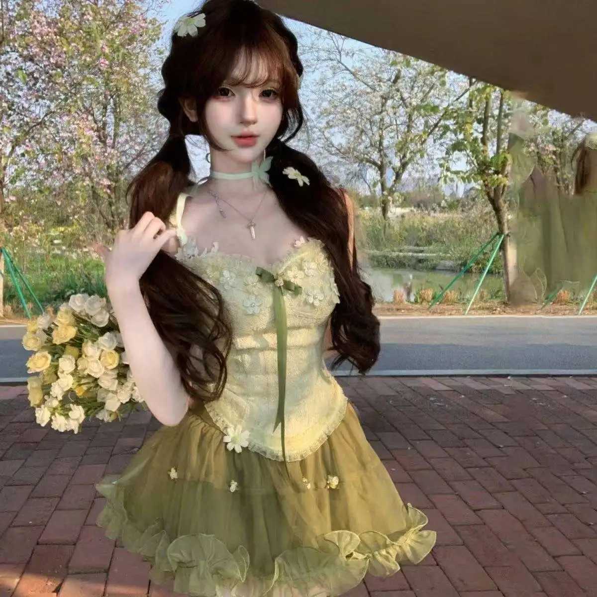 Sweet Princess Skirt Set Fairycore Mesh Mini Skirt Floral Embroidered Corset Tops Y2K Aesthetic Fashion 2 Piece Set Chic R250716