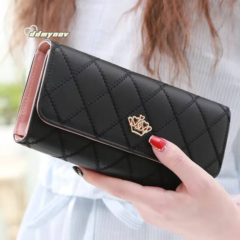 Black Long Wallets for Women PU Leather Diamond Pattern Purse Card Holder Crown Buckle Ladies Phone Fashion Clutch Bag ddmynov