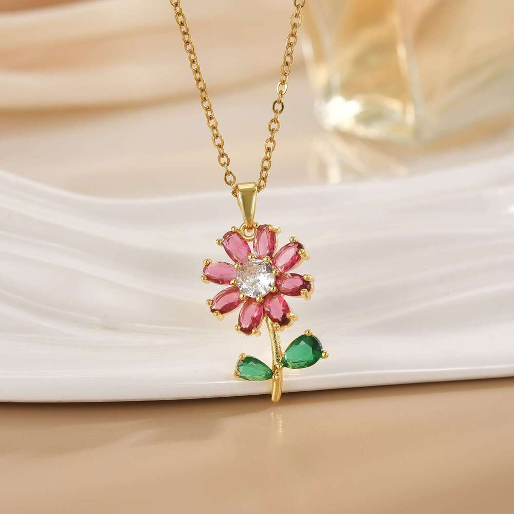 For Women, Internet Celebrity Colorful Zircon Flower, Niche Fashion New Design Pendant, Elegant Set, Titanium Steel Necklace 9A9