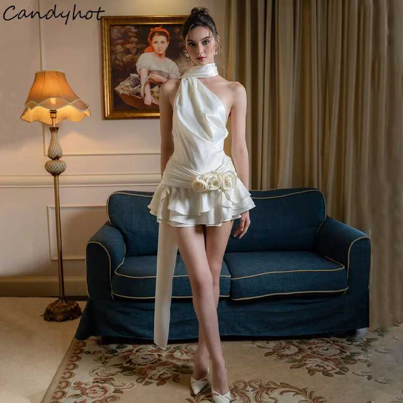 Candyhot Backless Halter Elegant Solid Satin Flowers Sleeveless Off Shoulder Mini Dress Spring Prom Party Evening Women Dresses R250716