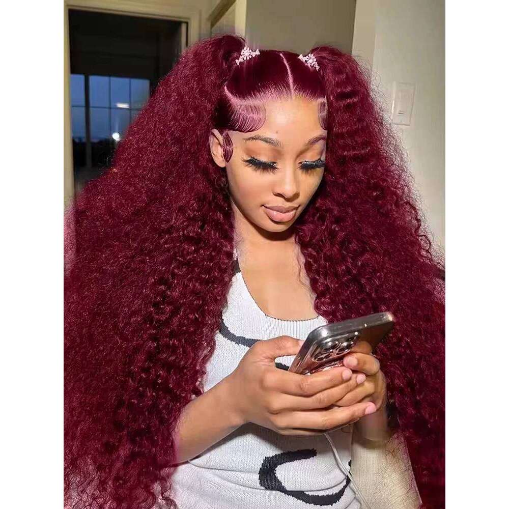 250 Density 99J Bury Deep Wigs 13x6 HD Transparent Frontal Curly Human Hair 30 Inch Water Wave Lace Front Wig