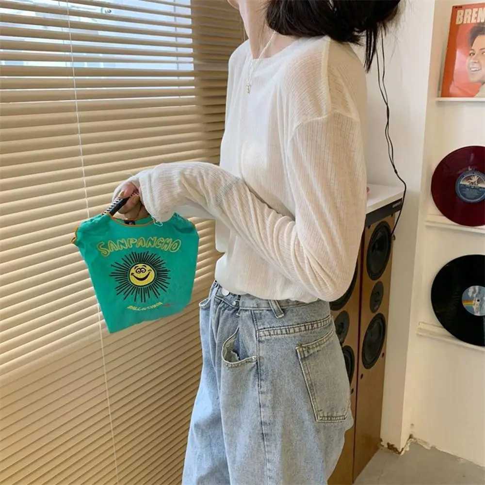 Versatile Printed Ball Chain Embroidery Canvas Bag Japanese Makeup Bag Mini Handbag Shopping Bag Nylon Storage Bag Girls