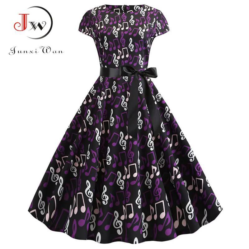 Women Summer Music Note Print Dress 50s 60s Robe Retro Swing Casual Vintage Party Dresses Vestidos dongdumaoyi