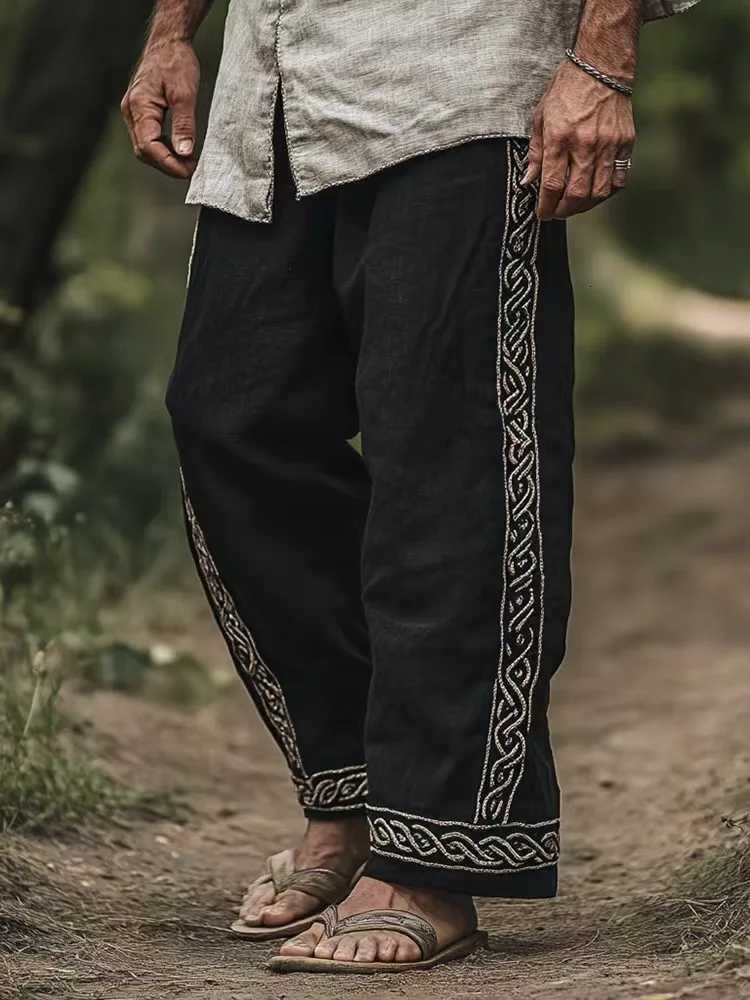 2025 Men Spring Autumn Linen Casual Long Vintage Pants Men Print Ethnic Sports Elastic Waist Tie-up Sweat Pants Street Clothing y250716