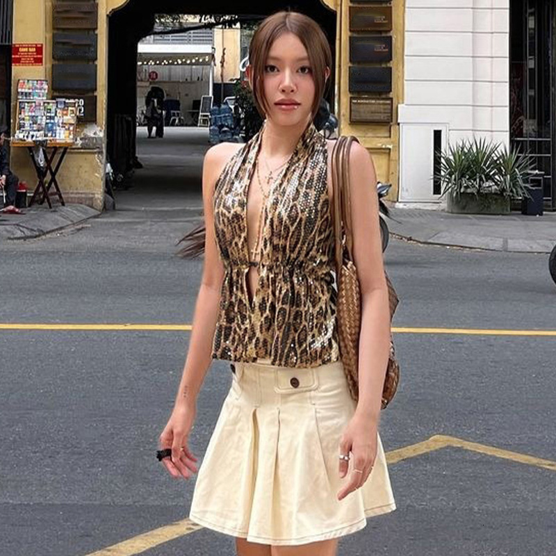 Summer New Women S T Shirt Spring European And American Fashion Halter Neck High End Elegant Backless Tank Top Full Sequin Mini Leopard Print Designer