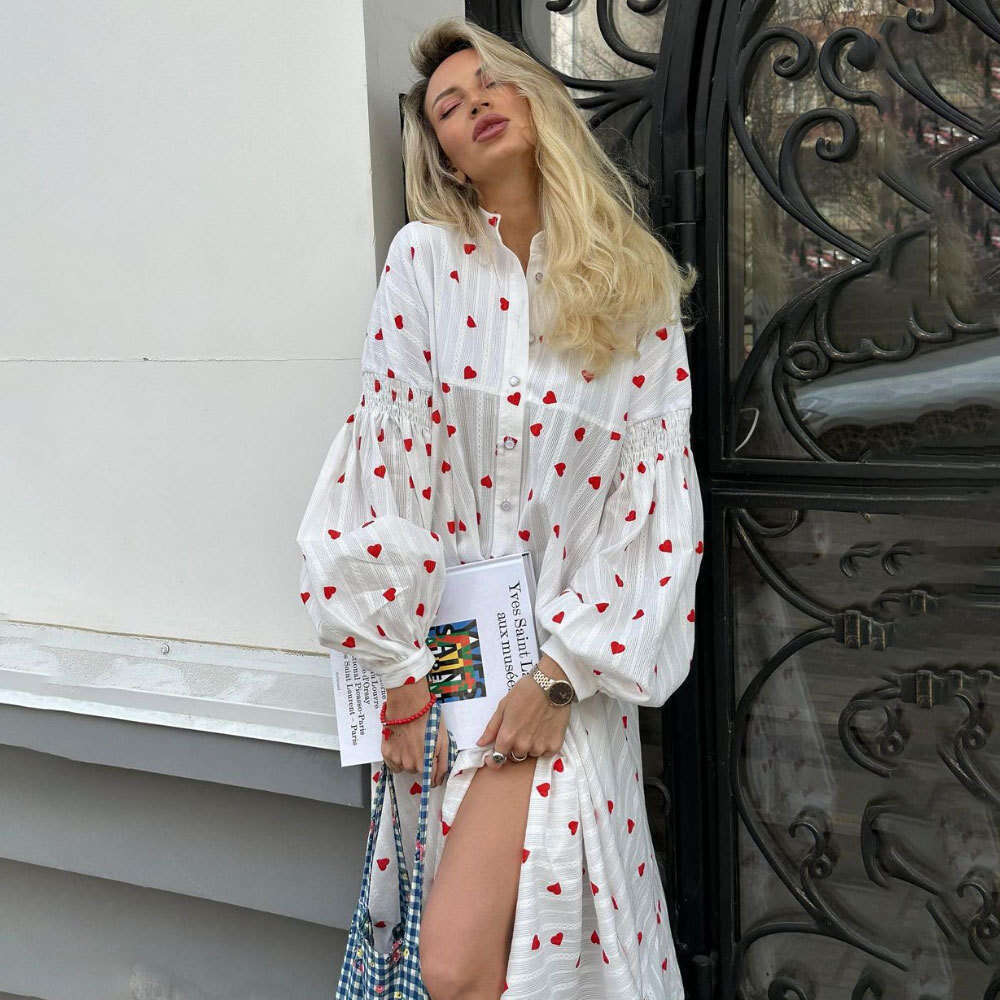Heart Print For Women Spring Summer Patchwork Long Lantern Sleeve Pure Cotton Flared Dress B5