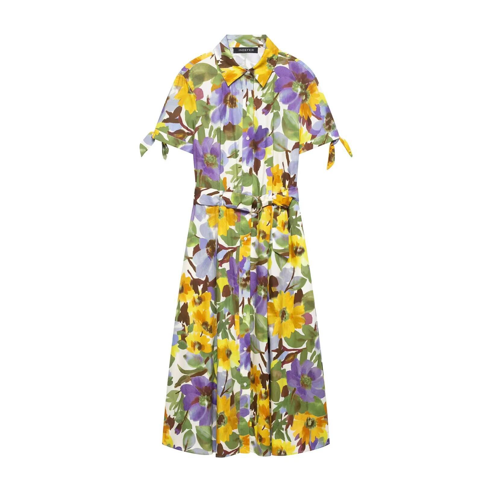 2025 Printed Short Sleeve Flip Tie Belt Temperament Summer New Style Womens Fashionable Charm Dress dongdumaoyi