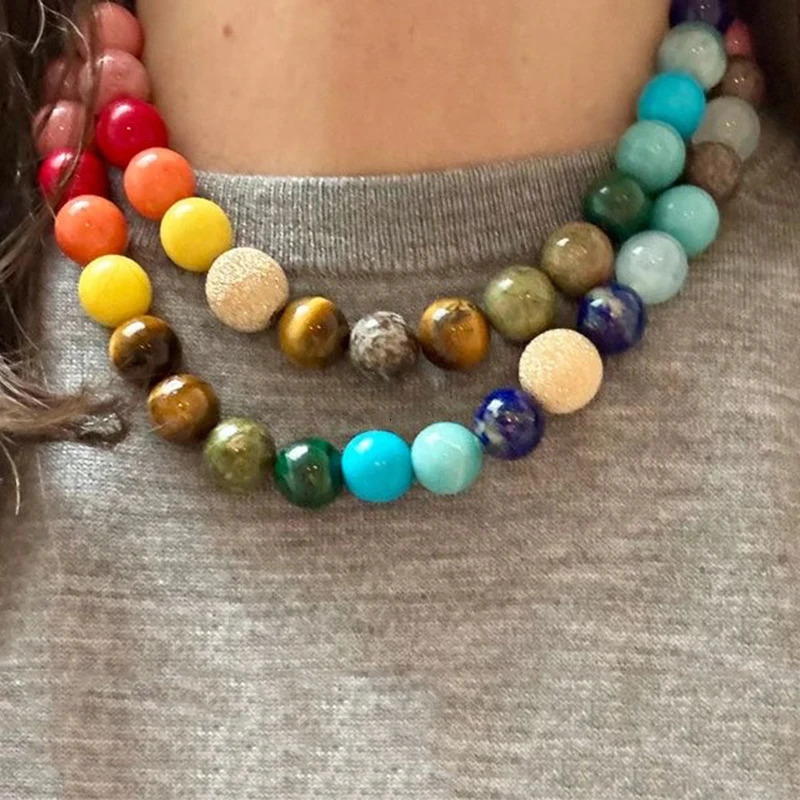 Punk Colorful Natural Stone Collar Chain Necklace Tiger Eye Malachite Round Beads Handmade Jewelry 250712