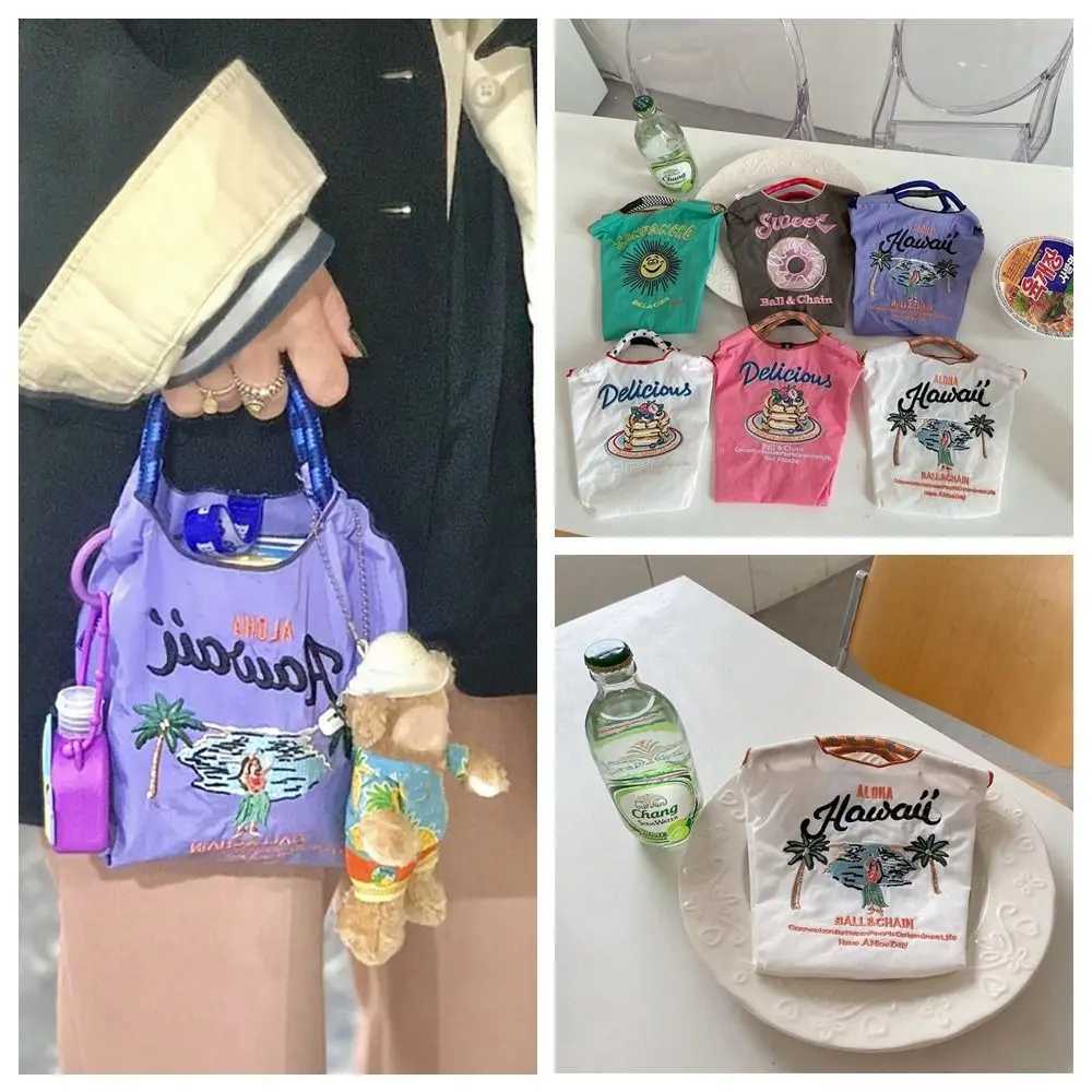 Versatile Printed Ball Chain Embroidery Canvas Bag Japanese Makeup Bag Mini Handbag Shopping Bag Nylon Storage Bag Girls