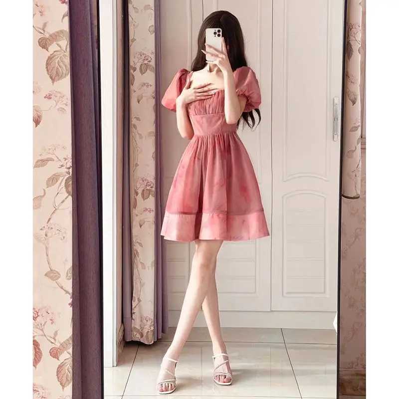 Square Neck Puff Sleeve Waist Dress for Womens Summer New Style Petite Slimming Tea Party Princess Short Dress R250716
