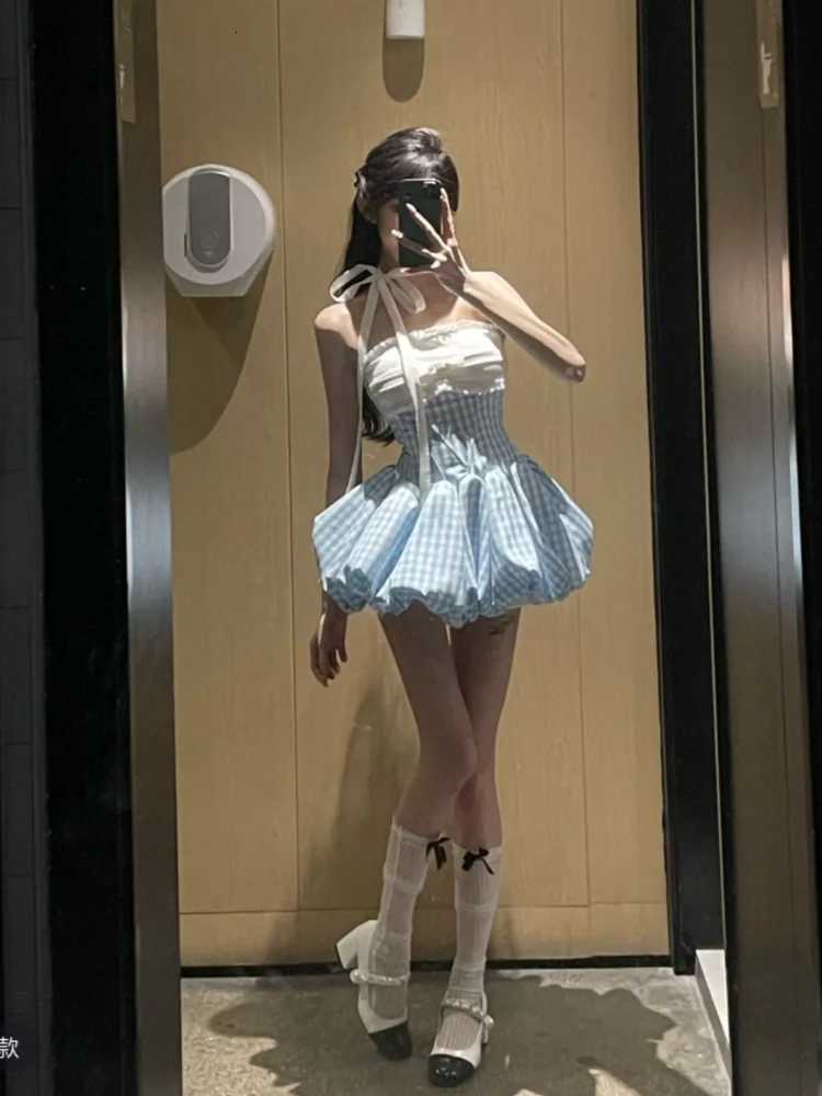 Korean Style Kawaii Retro Plaid Women Dress Fashion Party Sexy Strapless Bud Dress Summer Vintage Y2K Design Sense Mini Dress New R250716