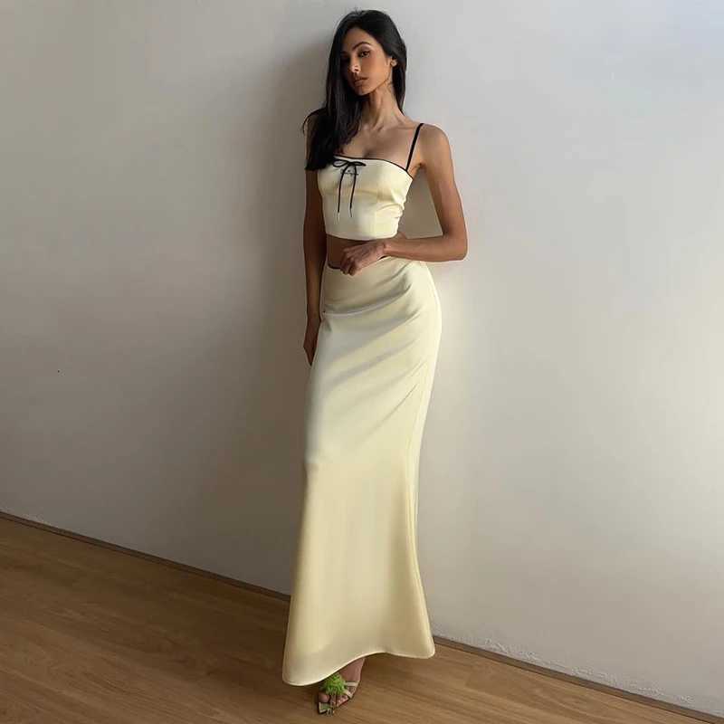 Sexy Camis Skirt Two Piece Set Women Summer New Sleeveless Crop Top High Waist Skirt Solid Slim Fashion Party Outfit Streetwear R250716
