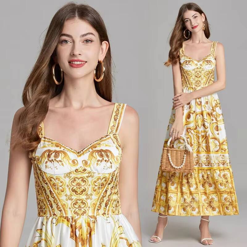 Summer French Vintage Long High-Waisted Elegant Socialite Style A- Line Ceramic Printing Waist-Length Dress dongdumaoyi