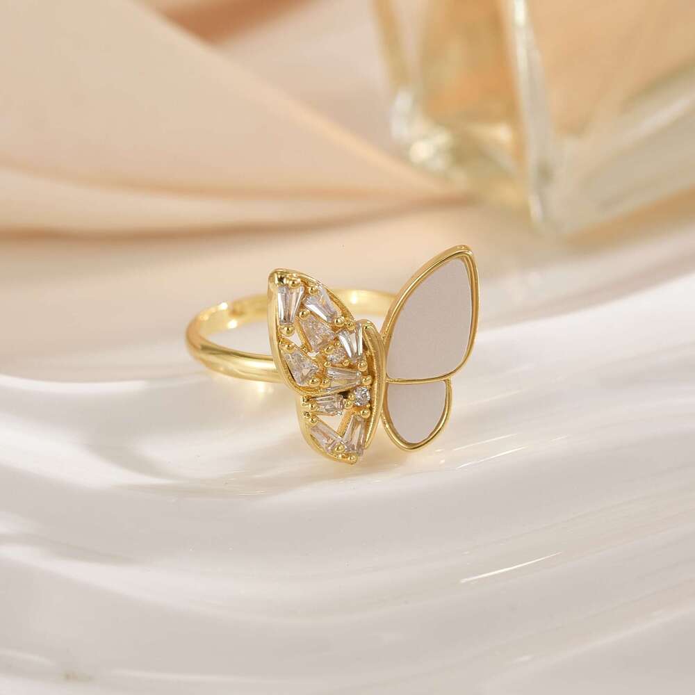 Fashion Versatile Copper Gold-Plated Butterfly Design Ring For Women With Micro-Paved Zircon, Light Luxury Niche High-End Jewelry 7Ac