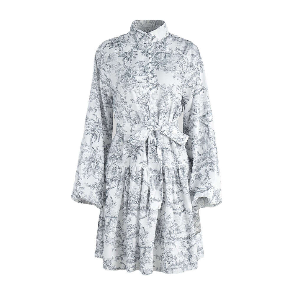 Ink Wash Print Long Short Skirt Spring New Stand Collar Lantern Sleeve Tie Dress B5