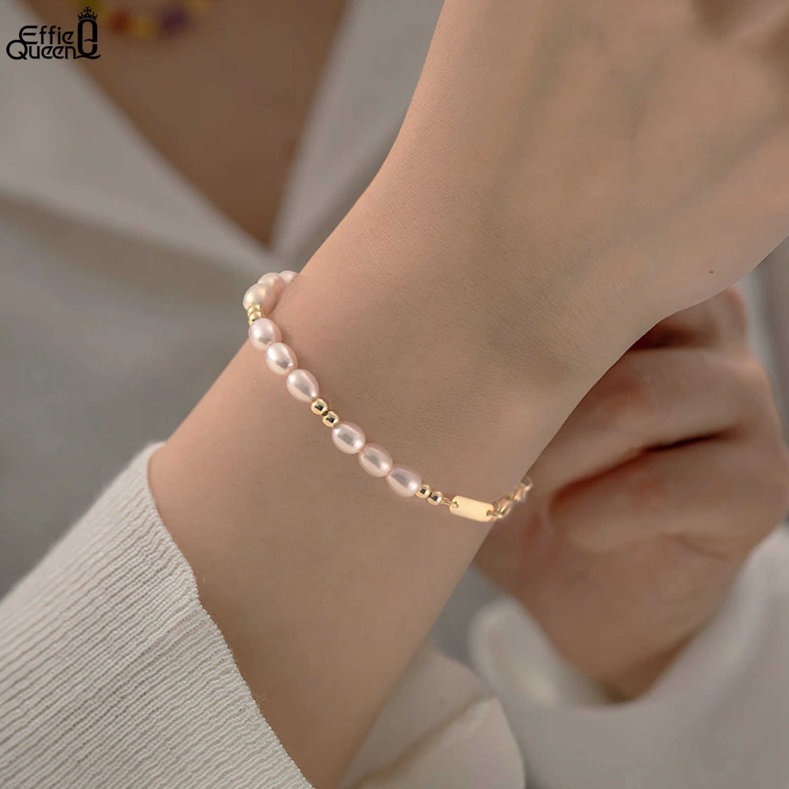 EFFIE QUEEN 14K Gold Beads Chain Bracelet 925 Sterling Silver Cultured freshwater Pearl Bracelet Wedding Jewelry for Women GPB36 250712