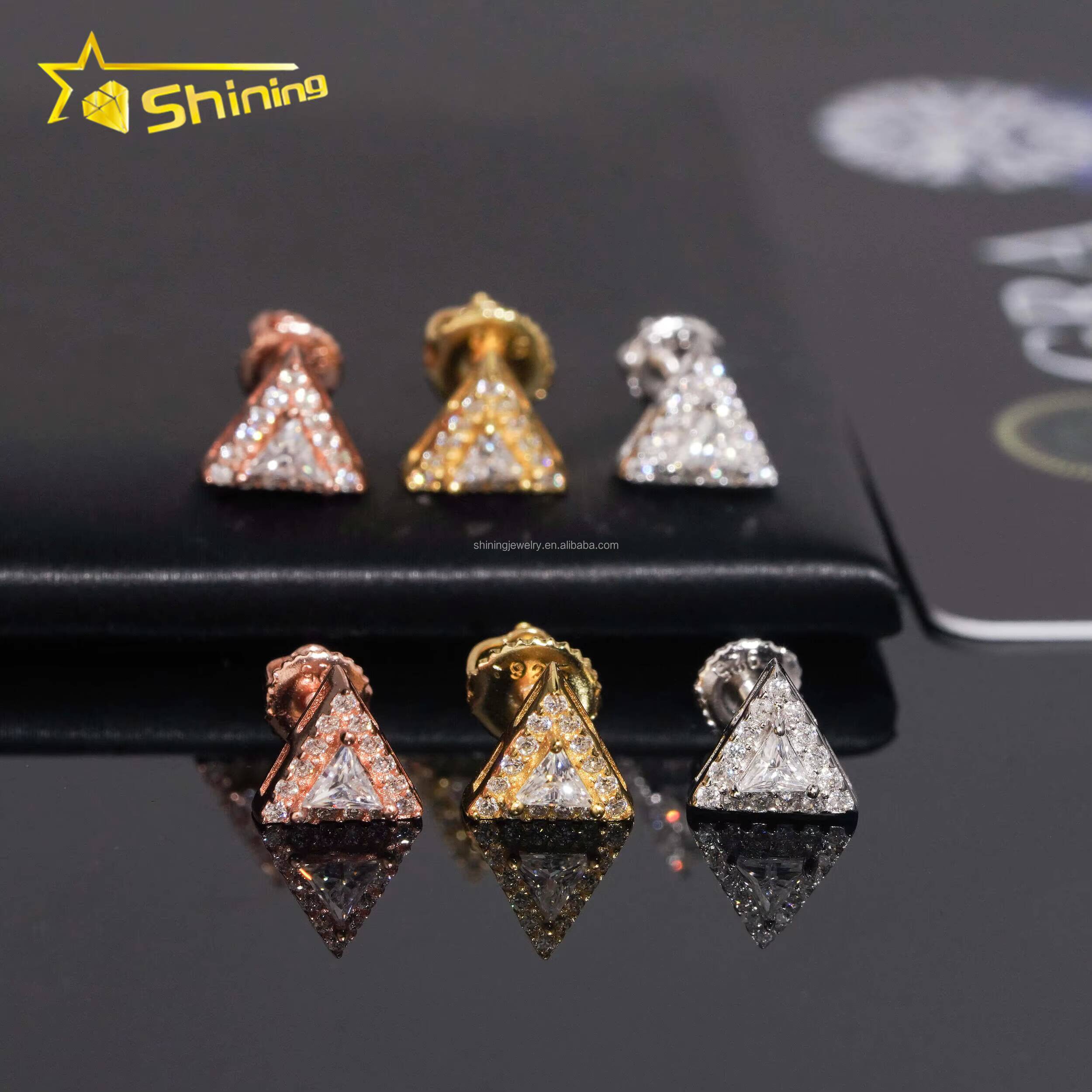 Drop Shipping Wholesale Price GRA Certificate Triangle Shape Style Man Hip Hop Iced Out 925 Silver VVS Moissanite Stud Earrings