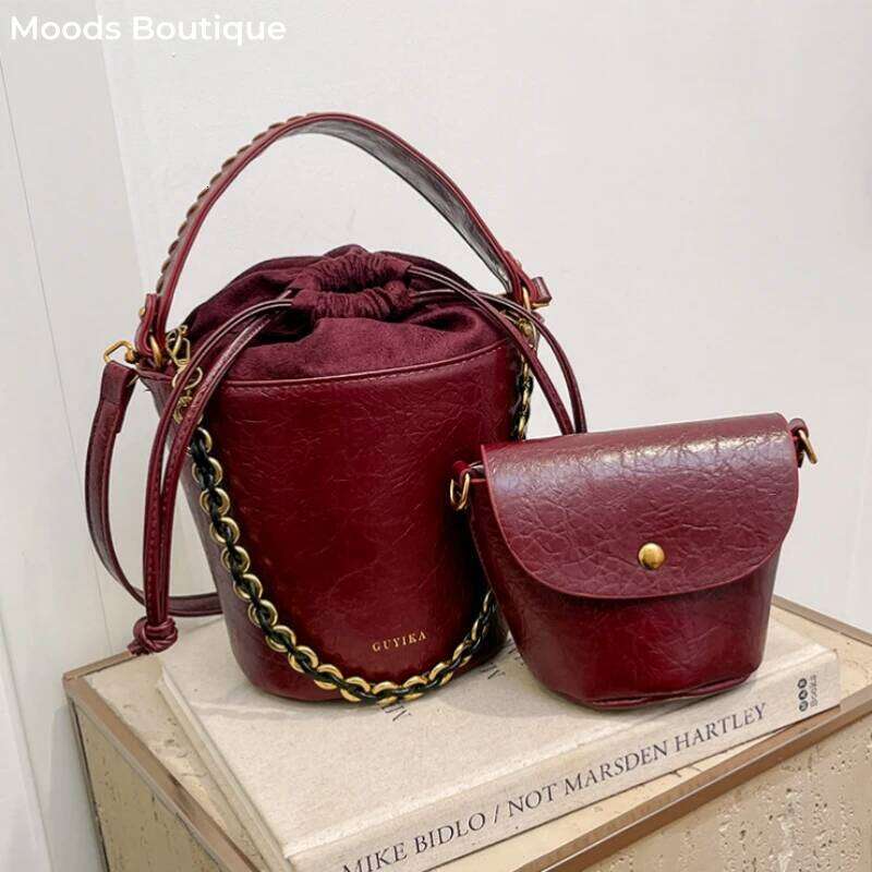 MOODS Retro Bucket Crossbody Bags For Women Oil-Waxed Leather 2-In-1 Chain Shoulder Bag 2024 Designer Purses And Handbags