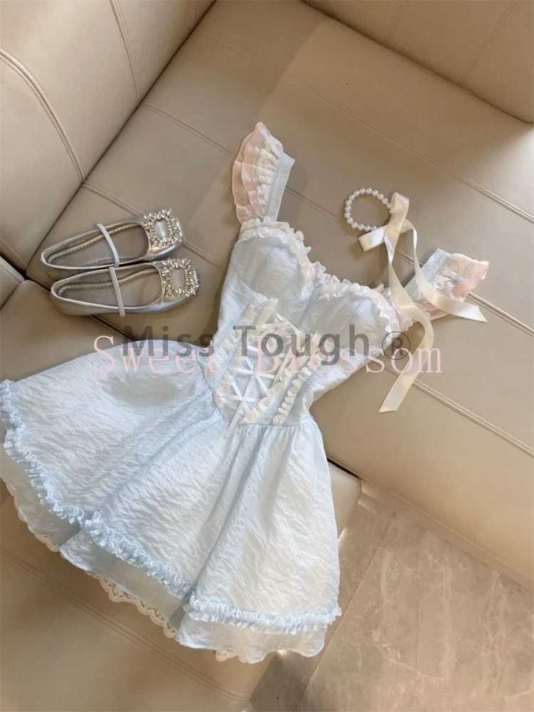 Korean Sweet Lace Stitching Fit Chic Dress Women New Harajuku Kawaii Fairy Slim Summer Dresses Aesthetic Fashion Lovely Outfit R250716
