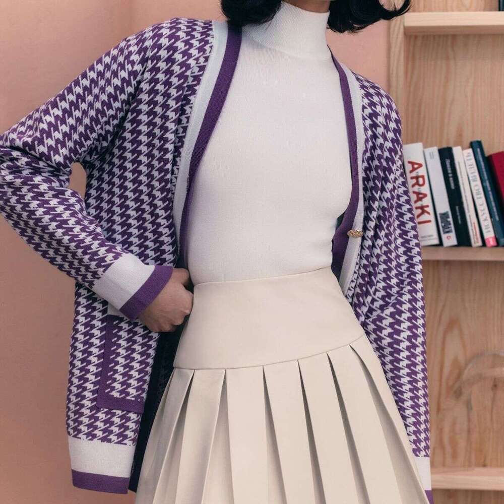 Houndstooth Autumn Winter New Elegant Women's French Loose Sweater Cardigan B5