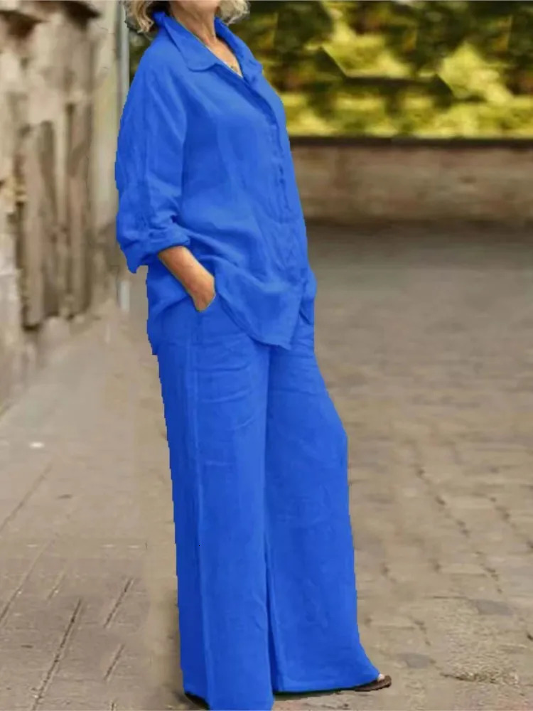 Fashion Cotton Linen Shirt Long Sleeved Womens Set Spring Autumn Loose Cotton Linen Wide Leg Trousers Female Office 2piece Set 250715