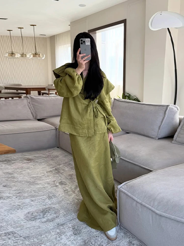 Casual Lace Up Shirt Skirt Set Women Loose V-neck Lantern Sleeve Blouses Long A-line Skirts 2025 Summer Lady Holiday Outfits 250715