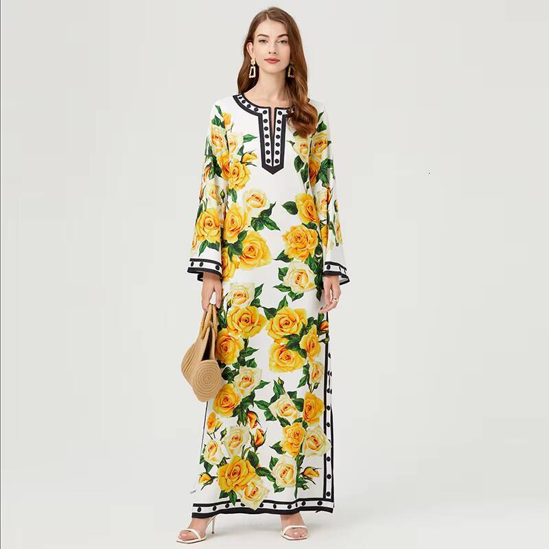 Summer Bohomian Loose Maxi Dress Runway Womens O-Neck Batwing Sleeve Yellow Rose Print Oversize Split Robe Long Vestidos 613 dongdumaoyi