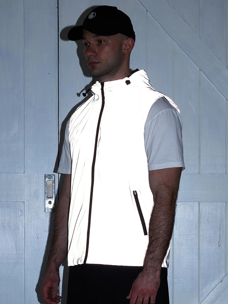 Night Reflective Vest Mens Spring Summer Thin Hooded Fashion Casual Outdoor Run Dancing Hip-hop Streetwear Glowing Clothes 250716