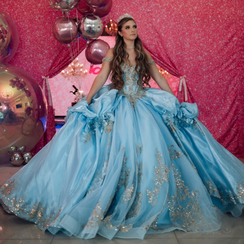 Sky Blue Shiny Quinceanera Dresses Ball Gown Off The Shoulder Applique Lace Beads Tull Corset Party Birthday Sweet 16 Dress Vestidos 15 Anos