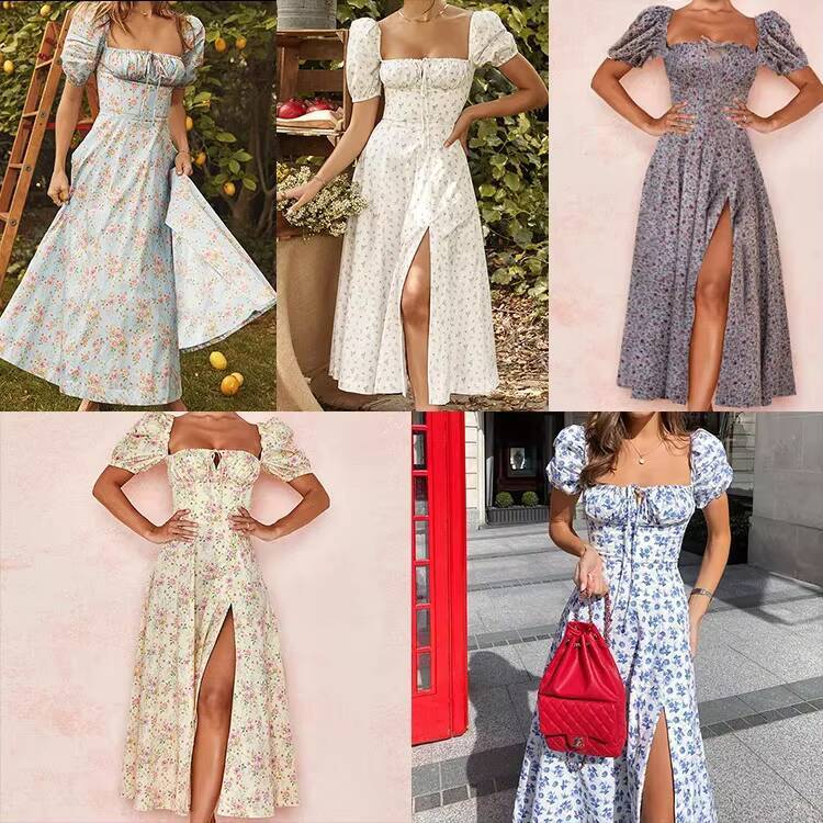 2024 Amazon Womens Fashion Spring New Printed French Floral Open-Back Slims Smooths Your Silhouette Tank Side Slit Dress dongdumaoyi