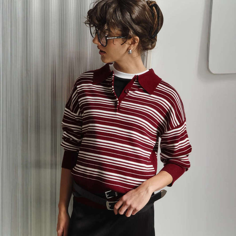 Knitwear Autumn New American Style Color-Block Striped Polo Collar Knit T-Shirt B5