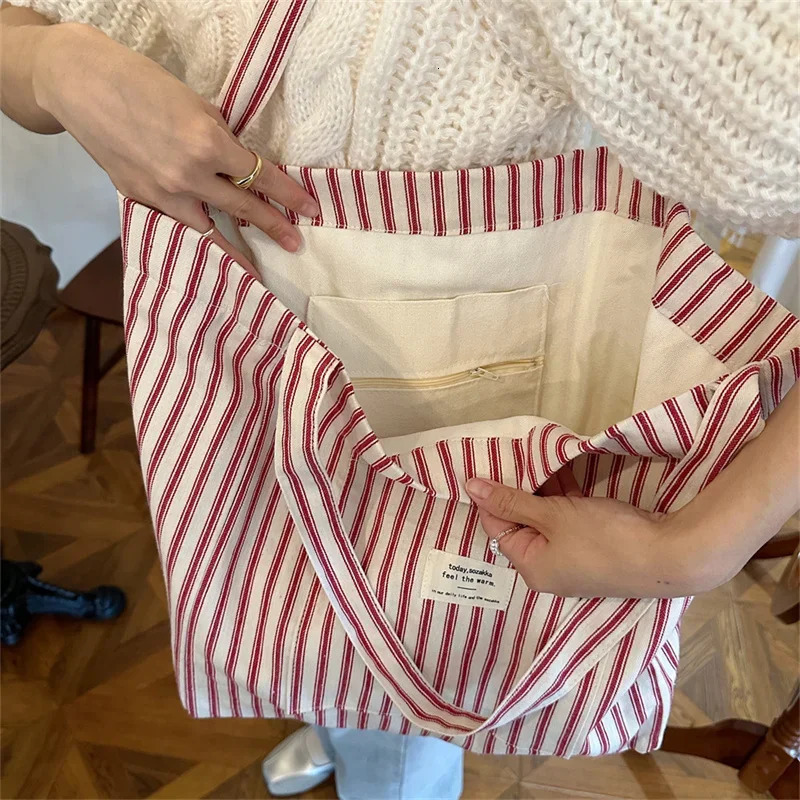 Shoulder Bag Large Capacity Canvas Bag for Women Causal Striped Shopping Lightweight Commuting Shoulder Bags 250714