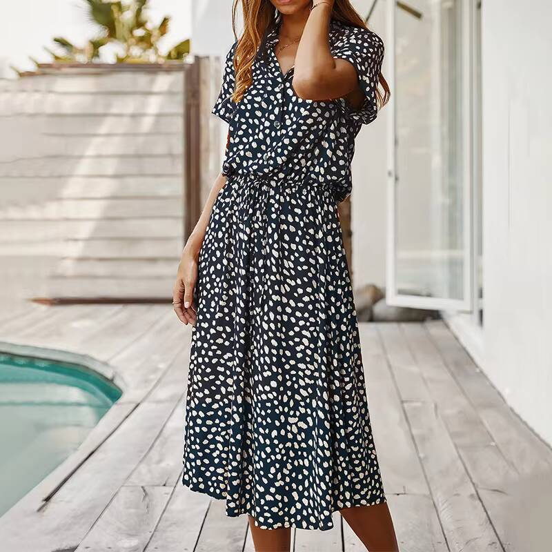 Summer Dresses for Women Polka Dot Printing With Buttons Short Sleeves Drawstring High Waist Dress Vestidos dongdumaoyi