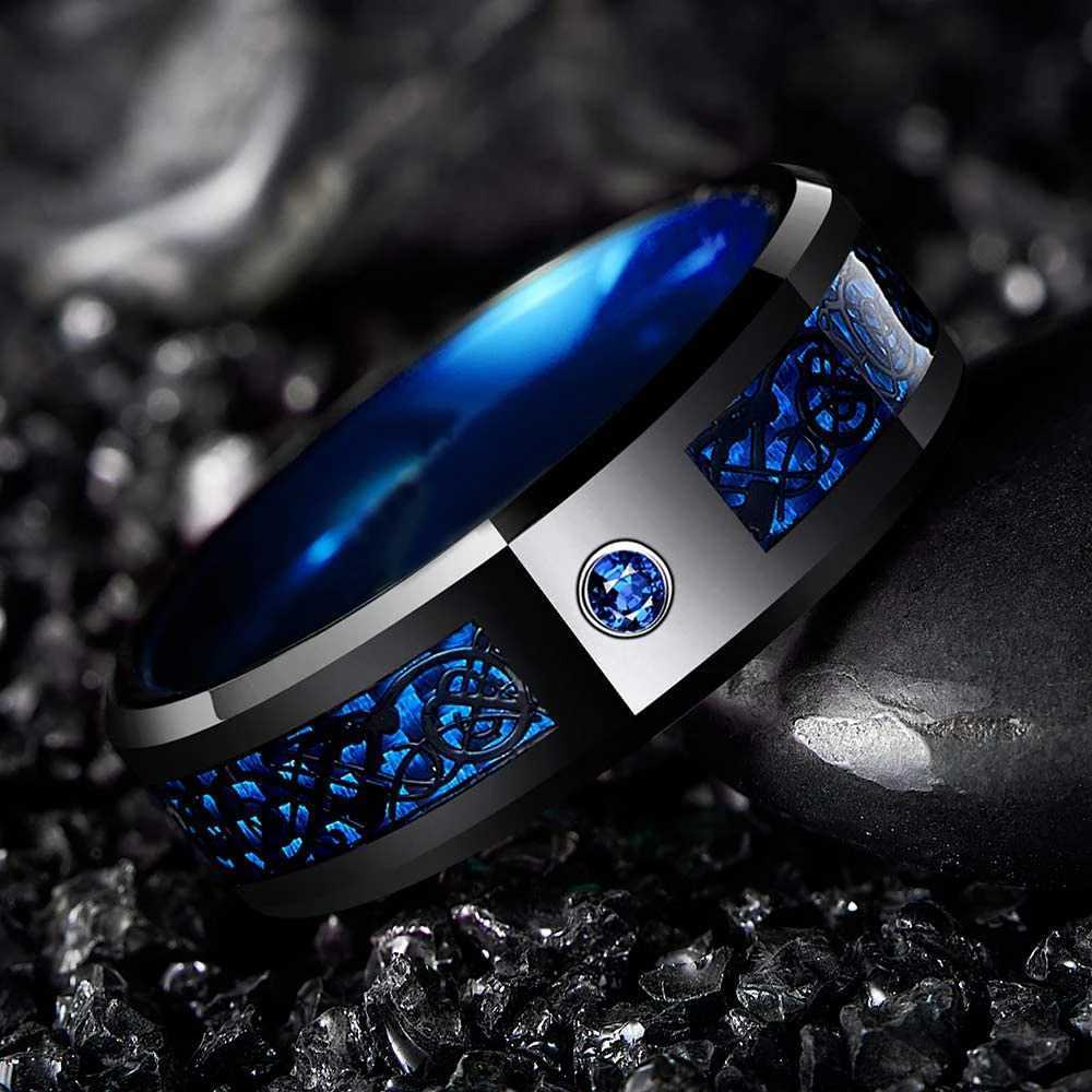 Fashion 8mm Red Groove Beveled Edge Stainless Steel Celtic Dragon Rings for Men Zircon Inlay Carbon Fibre Ring Men Wedding Band S250716