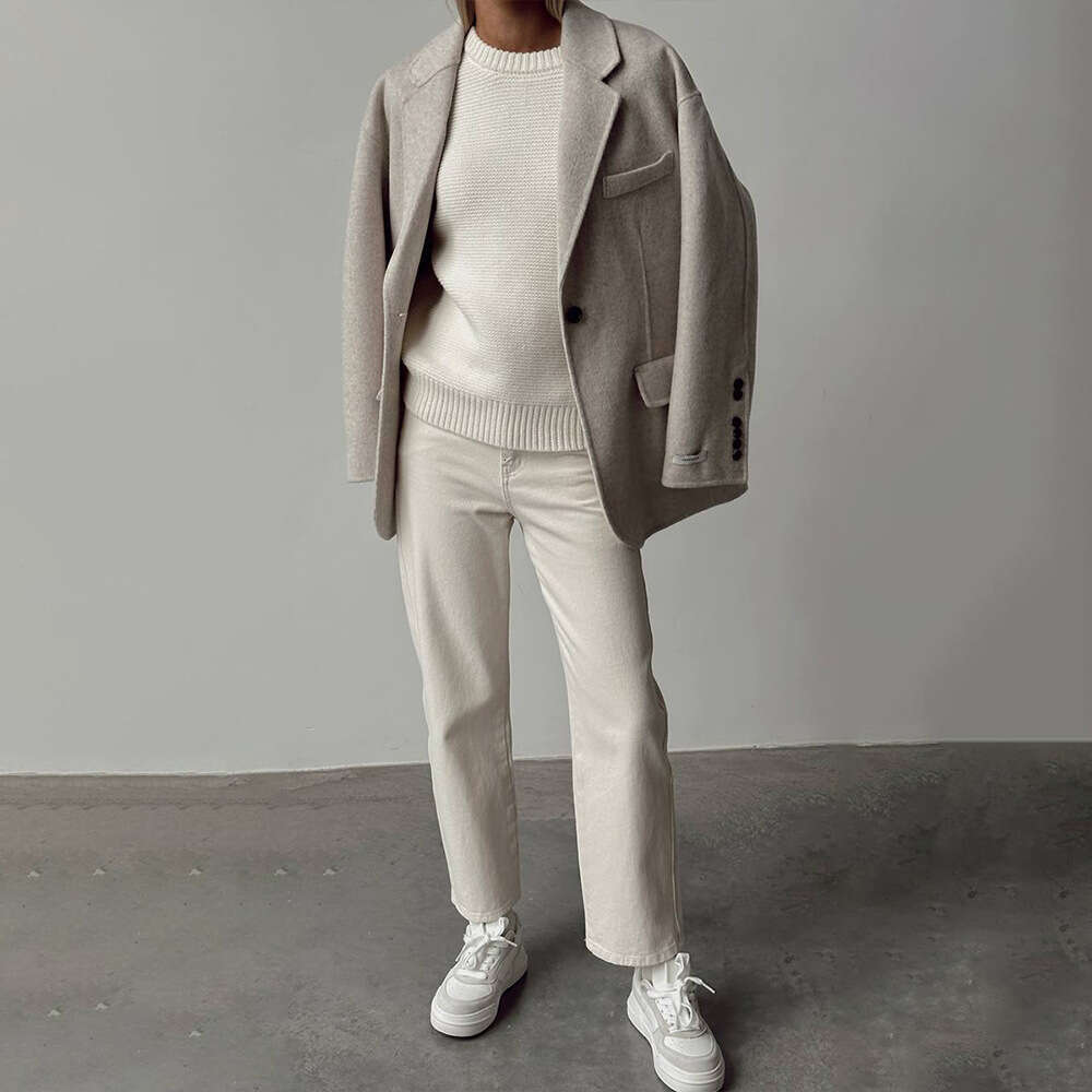 Knitted Autumn Winter New Style Elegant Simple Lazy Pullover Pure White Round Neck Sweater B5