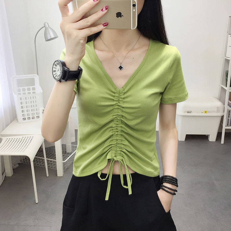 Summer New Women S T Shirt Ribbed Cotton Design Short Sleeve For Slim Fit V Neck High Waist Drawstring Top Base Designer