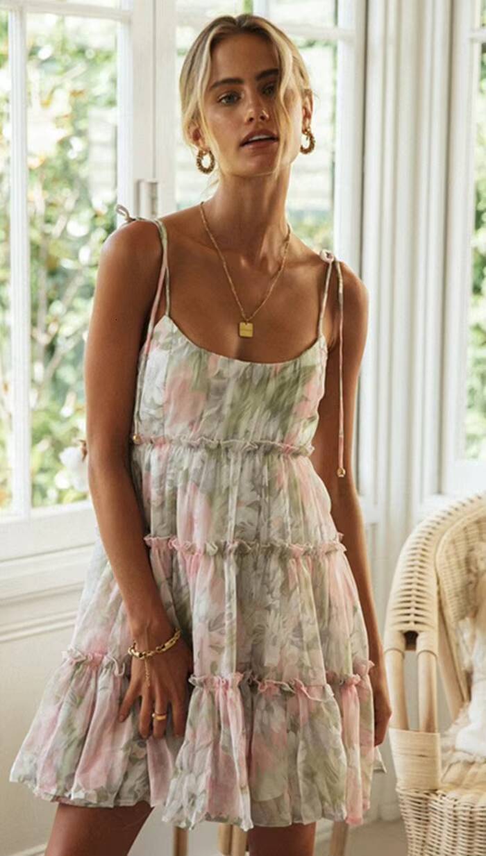 Women Elegant Floral Suspender Holiday Sexy Square Collar Sleeveless Lace-Up Large Swing Ruffles Chiffon Mini Dress dongdumaoyi