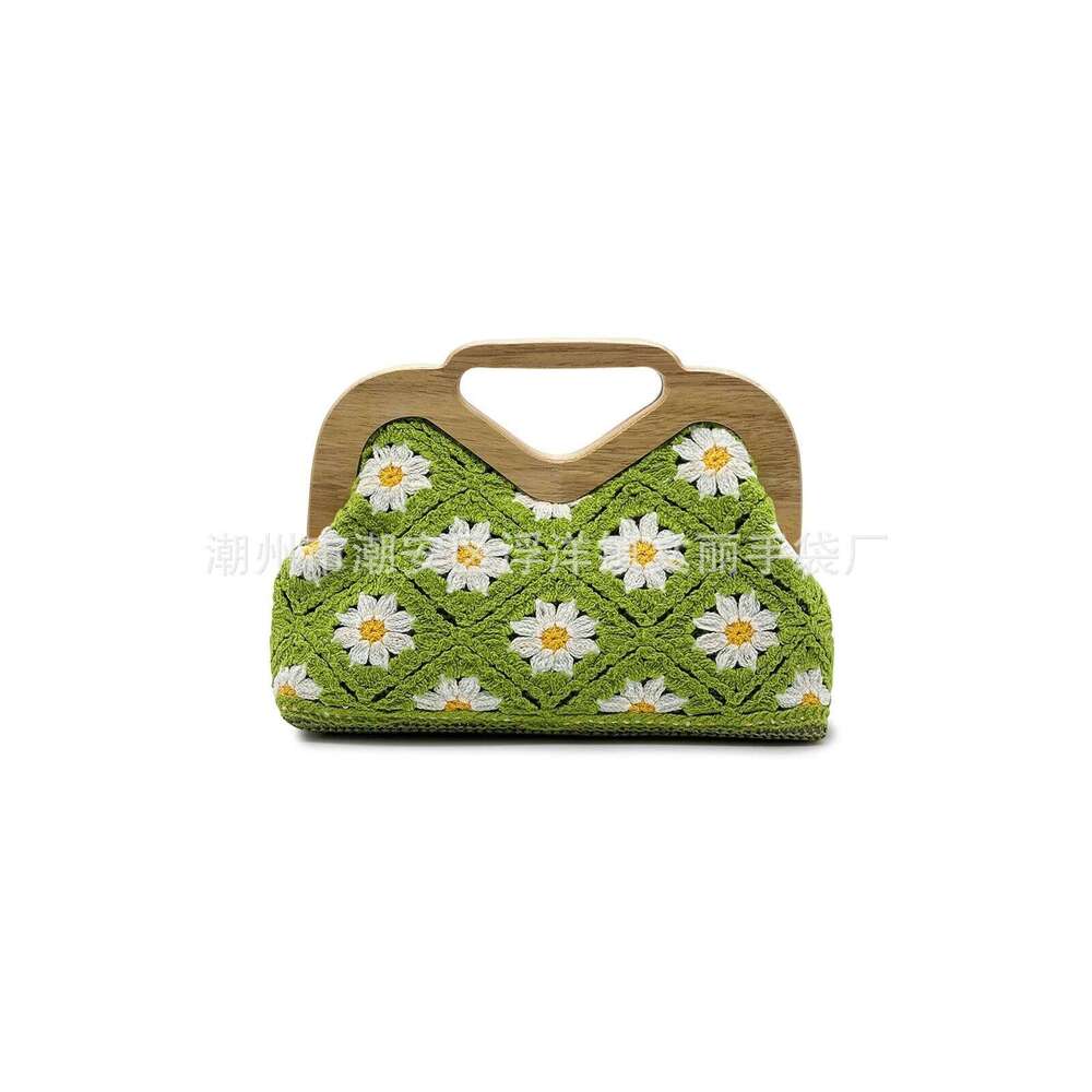 Fashionable Handmade Crochet Knitted Hand-held Straw Woven and Designer Beach Bag Solid Wood Handle Dinner Bags