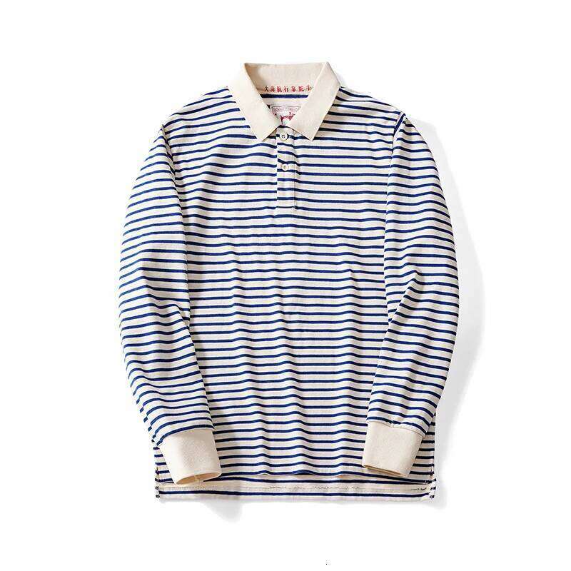 Autumn New Long Sleeve Polo Shirt Men Japanese Retro Loose Combed Cotton Striped Shirts Casual Streetwear Lapel Tops Oversize