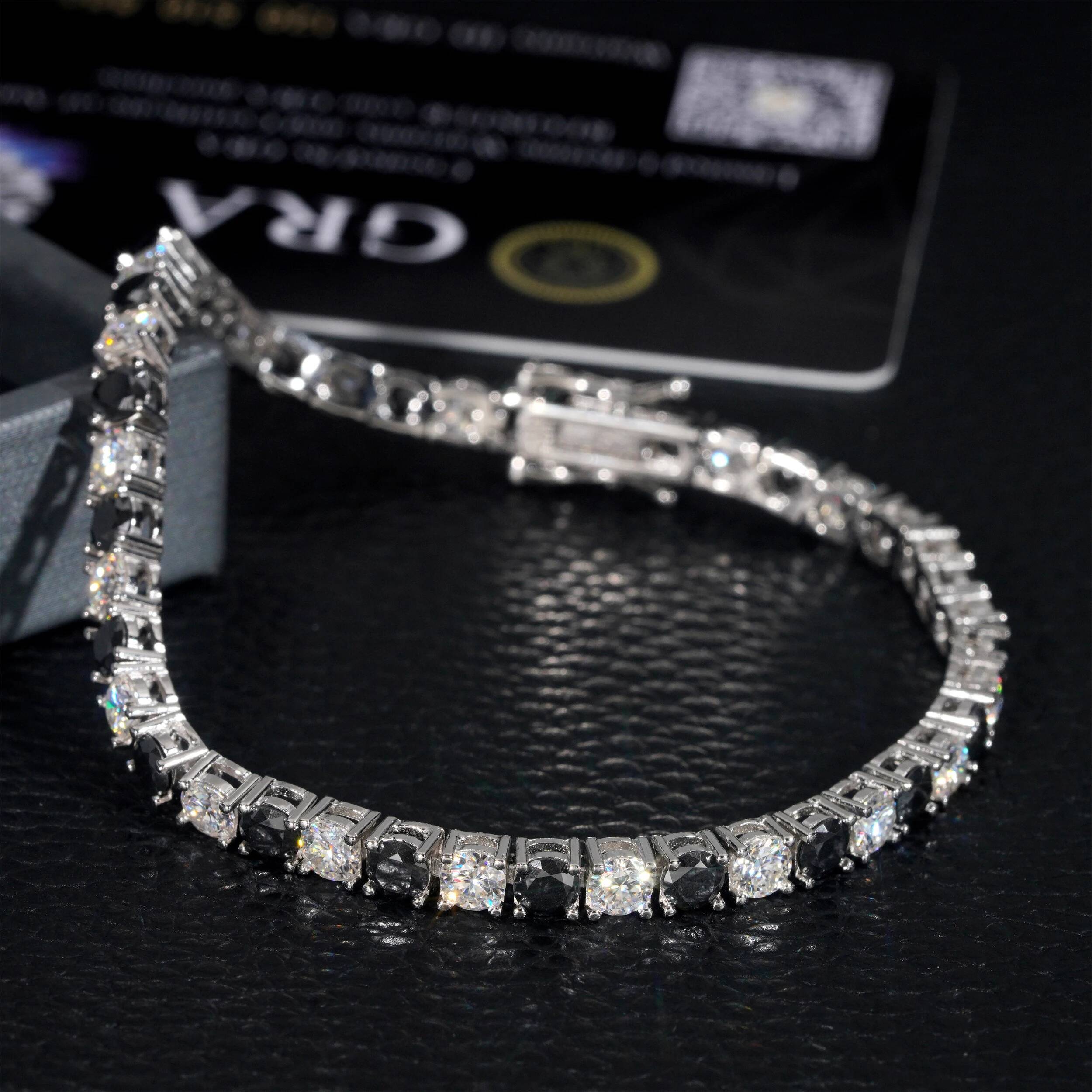 4mm S925 Silver Black and White Moissanite Bracelet with GRA Certificate Hip Hop Single Row Tennis Chain Accessories Jewelry