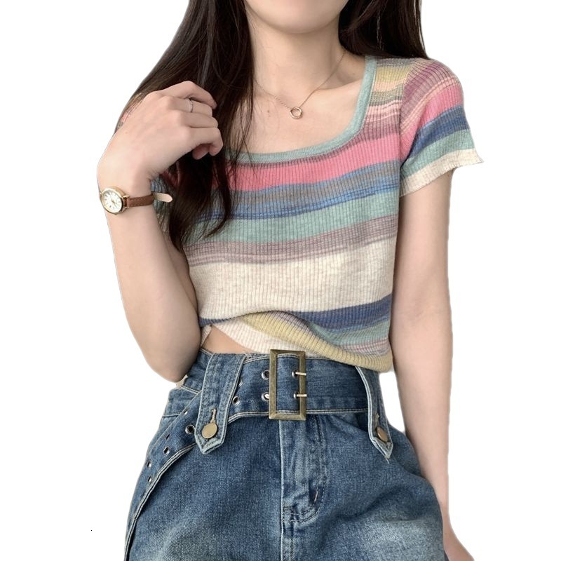 Summer New Women S T Shirt Rainbow Striped Square Neck Regular Shoulder Knit Short Sleeve For Thin Design Sense Pure Desire Sweet Spicy Top Ins Design