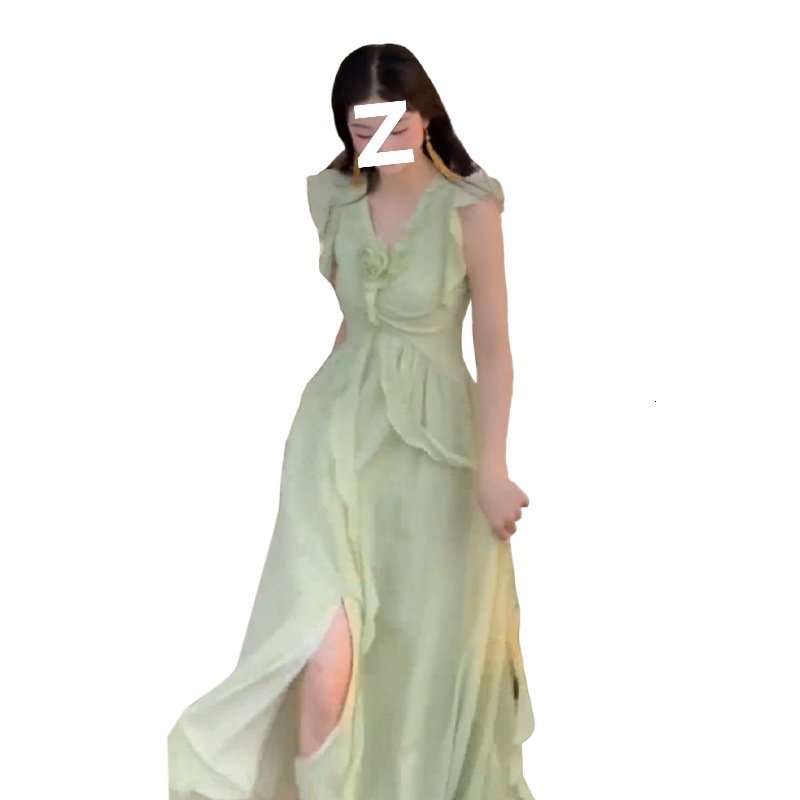 2025 French Style Green Small Flutter Sleeve Dress for Women Summer New Beach Vacation Beautiful Waist-Cinching Long