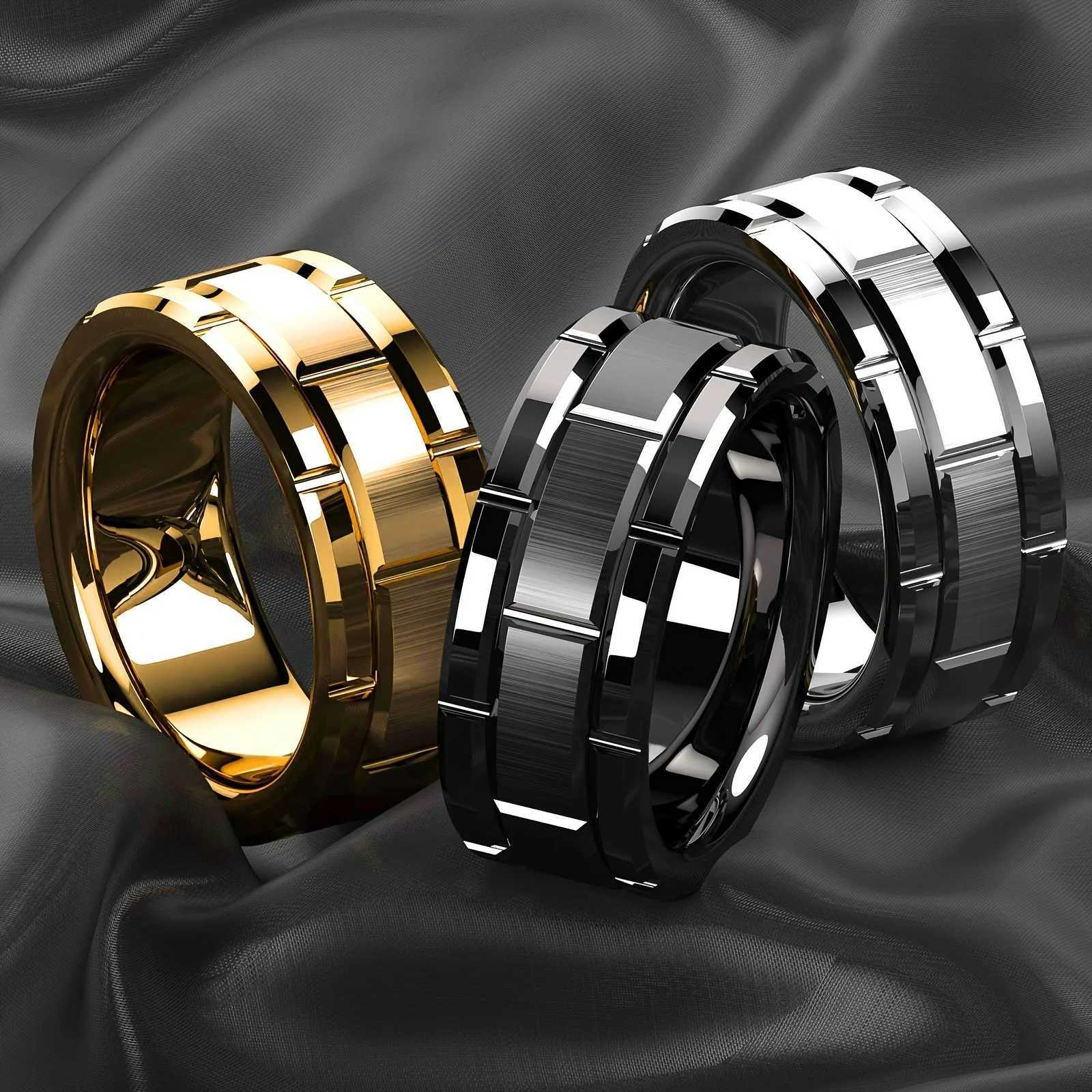 Fashion 8mm Brick Pattern Stainless Steel Rings For Men Black Brushed Double Groove Men Engagement Rings Wedding Band Jewelry S250716