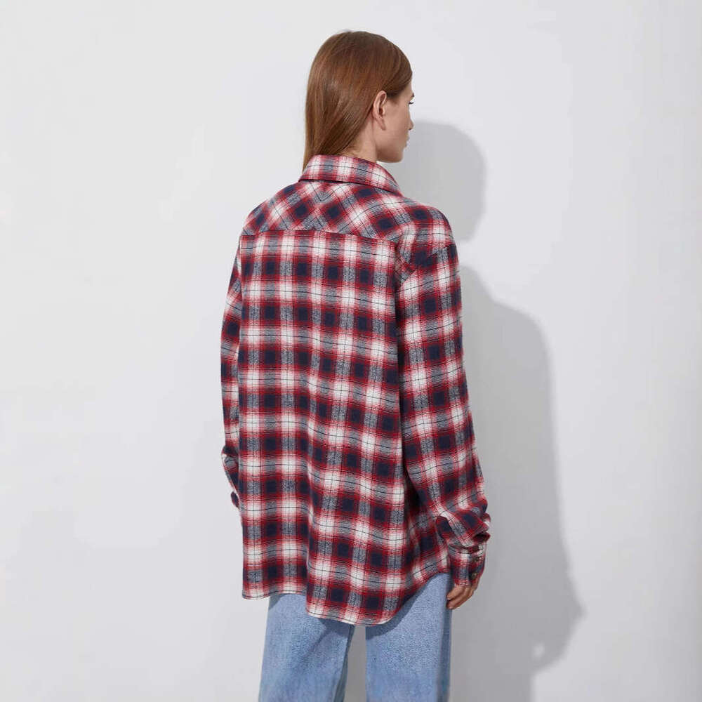Spring Summer Loose Versatile Pure Cotton Plaid Unisex Shirt For Women B5