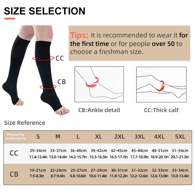 1 Pair Compression Calf Sleeves 3 Levels Pressure Open Toe Breathable Varicose Vein Sports Running Socks 30-40 mmHg 250715